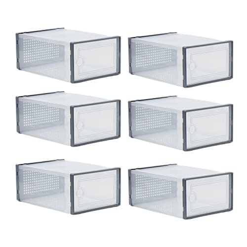 Stackable Shoe Box, Plastic Stackable Shoe Storage Box, Shoe Organizer Drawer box for Women/Men (6 Piece, Grey)