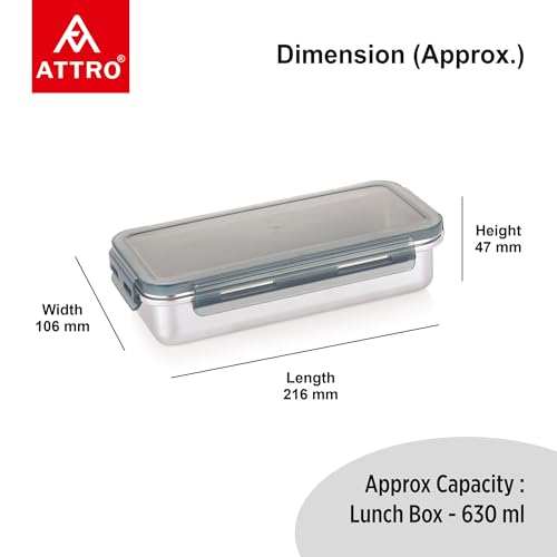 Image of Attro Steelox Rectangle Stainless Steel Container with Plastic Seal Lid BPA Free Food Grade Leak-Proof Ideal for School, Office & Outdoor Lunch Pack - 630ml Grey