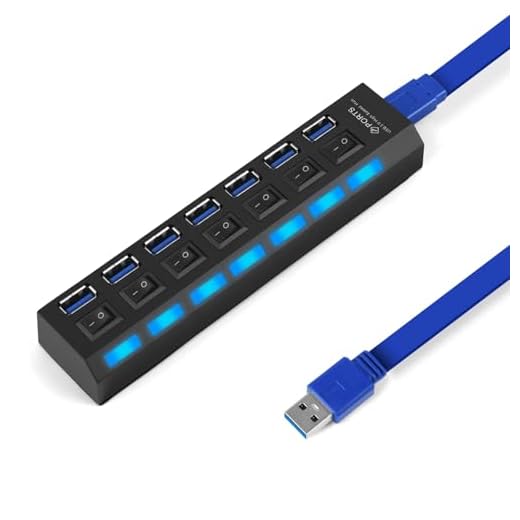 OFFCUP Hub USB 3.0, 7 En 1 Ladron con 1 USB 3.0 Y 6 Usbs 2.0, Distribuidor Usbs con Interruptor Independiente Indicador LED, Divisor con Cable de 52cm de Largo para PC/Ordenador
