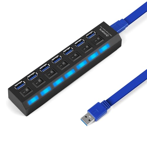 OFFCUP Hub USB 3.0, 4 En 1 Ladron con 1 USBs 3.0 Y 3 USB 2.0, Distribuidor Usbs con Interruptor Independiente Indicador LED, Divisor con Cable de 52cm de Largo para PC/Ordenador