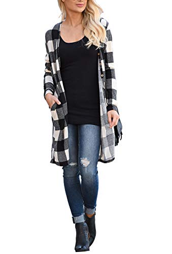 Lacozy Women's Open Front Long Sleeve Knit Cardigan Draped Snap Buffalo Plaid Shirt Kimono Cardigan Sweater Black White Large 12/14