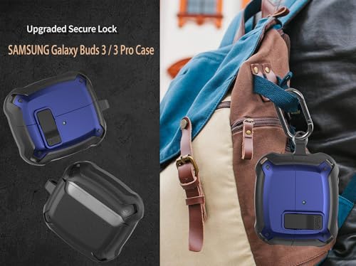 Image of Galaxy Buds 3 Pro /3 /3 FE Case Cover with Secure Lock Clip, Shockproof Samsung Galaxy Buds3 /3 Pro 2024 /3 FE 2025 Protective Hard Cover Shell with Carabiner&Cleaner kit for Men Womenn, Black /Blue