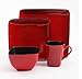 Better Homes and Gardens Rave 16-Piece Square Dinnerware Set with Dinner Plates, Dessert Plates, Bowls and Mugs, Red