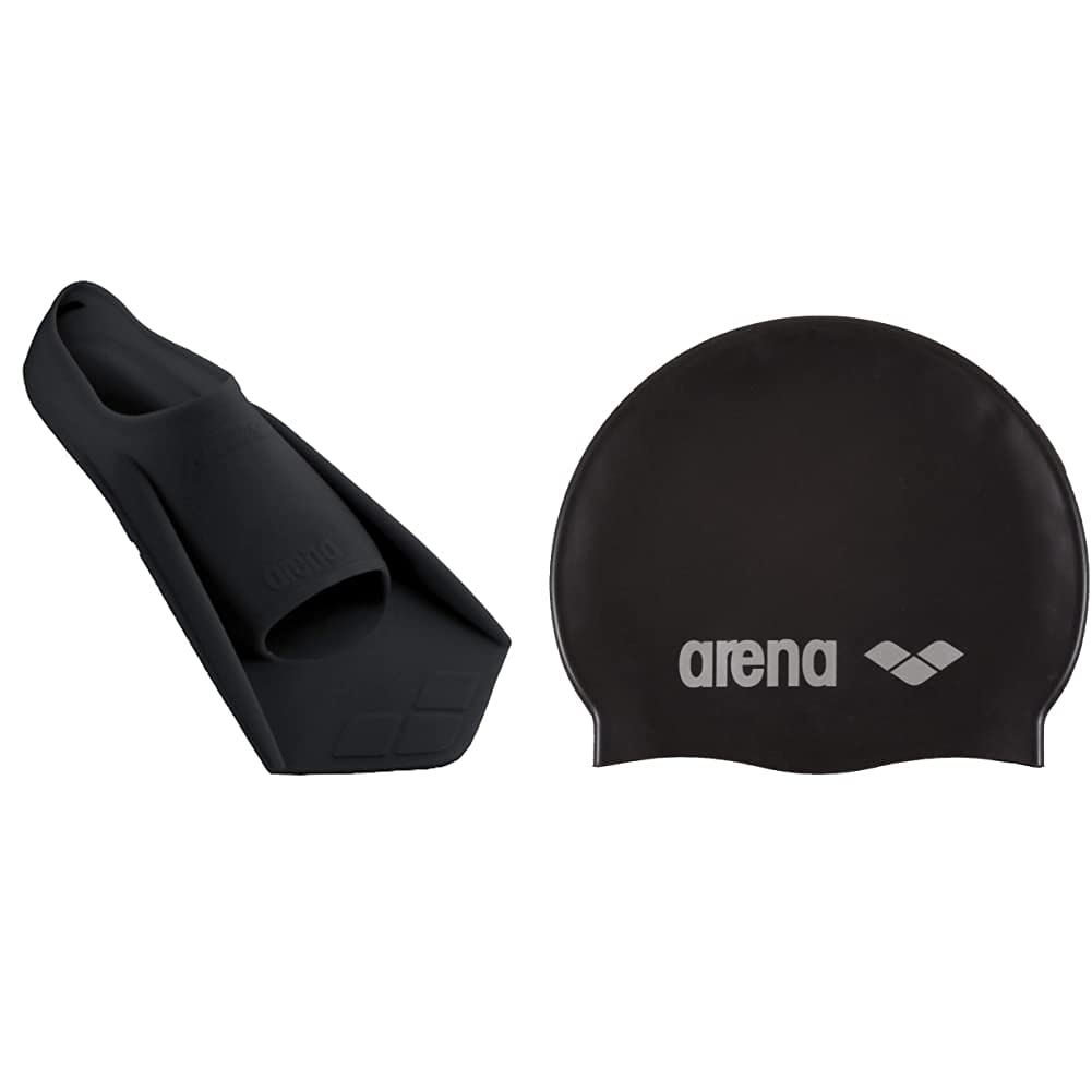 ARENA Powerfin, Pinne da Allenamento Unisex Adulto, Nero (Black/Silver), 37-38 & Classic Silicone, Cuffia Unisex Adulto, Nero (Black-Silver), Taglia Unica