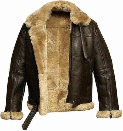 EDGESTYLE Estyle Mens RAF B3 Aviator Bomber Leather Jacket - WW2 Faux Fur Shearling Lambskin Brown Leather Jacket for Men's (US, Alpha, X-Large, Regular, Regular, Brown)