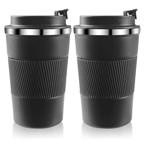 Taza de café o té isotérmica de 380mL Negra Taza Termo Antigoteo de Acero Inoxidable 304, (2 unidades) Vaso Térmico Reutilizable Hermético Café, Té, Bebidas Frías y Calientes para el Coche y Llevar