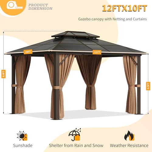 Jolydale 10'x12' Hardtop, Outdoor Polycarbonate Gazebo, Double Roof Gazebo, Aluminum Frame Permanent Pavilion with Netting and Curtains, for Patios, Gardens, Backyard