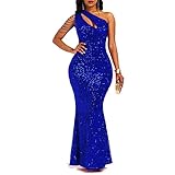 Cololura Women Sequin Elegant Sexy One Shoulder Tassel Oblique Collar Mermaid Bodycon Cocktail Evening Dress Blue