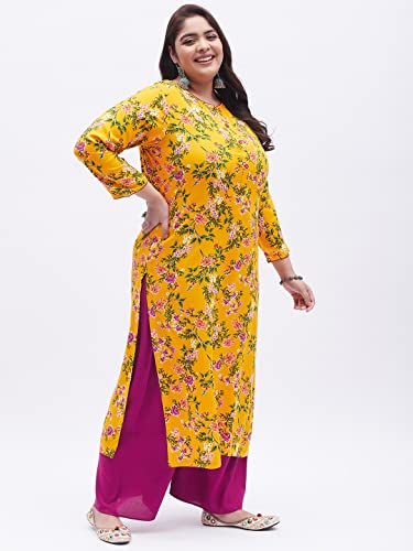 Image of Tissu Women's Plus Size Yellow & Pink Printed Kurta with Palazzo