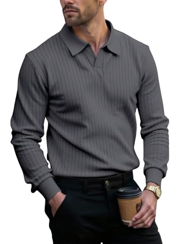 ZAFUL Mens Knit Polos Long Sleeve Casual Sweater Polos V Neck Collared Sweater Golf Polo Sweaters and Pullovers