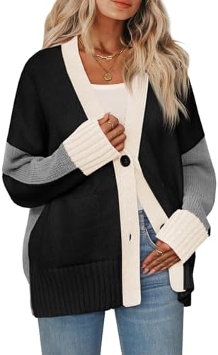 Saodimallsu Womens V Neck Cardigan Sweaters Color Block Button Oversized Long Sleeve Open Front Knit Sweater Coats