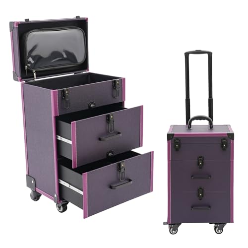 Rolling Cosmetic Trolley Storage Organizer Luggage Box, Salon Cosmetic Trolley Makeup Case, Beauty Nail Hair Styling Travel Suitcase with Lockable Drawers & 4 Wheel(2 with Brakes) (Black, Purple)