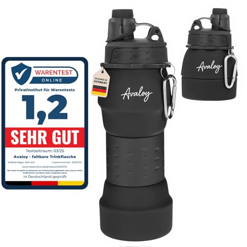 Avaloy faltbare Trinkflasche auslaufsicher Trinkflasche Silikon 600 ml Wasserflasche für kohlensäurehaltige Getränke Wasserflasche weiche Flasche Festival Flasche (Schwarz)