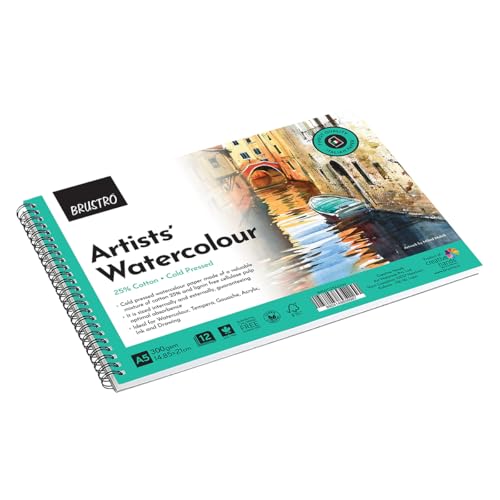 Image of Brustro Artists 25% Cotton Wiro Bound Watercolour Pad (300 GSM,A5,Cold Pressed,12 Sheets) with Cretacolor Marino Aquarelle Watercolor Pencil (Set of 12)|Ideal for Drawing,Painting,Dry and Wet