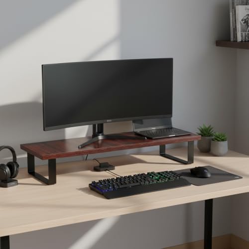 Image of flux Monitor Stand Wooden | Monitor Stand Riser | PC Stand For Desktop Table | Non Slip, Material: Particle Board & Metal (Red)