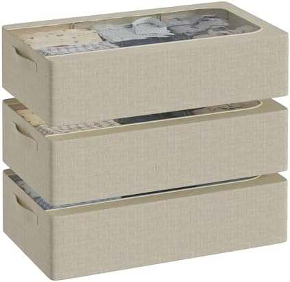 3PCS Under Bed Storage Bins with Metal Frame, Linen Fabric Frame Storage Box Clothes Organizer Bins, Underbed Container with Clear Window (Beige, 15.7 x 13 x 6IN)