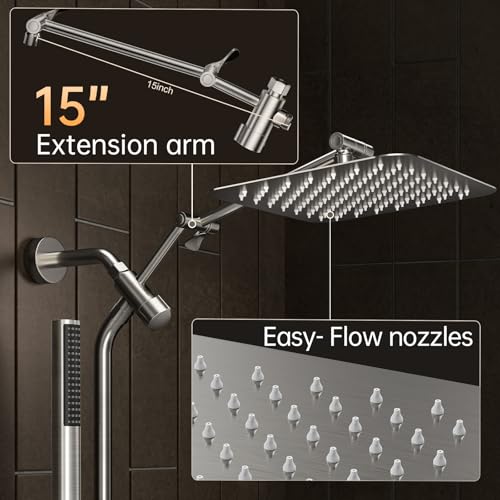 Image of Veken 10 inch Luxurious Brushed Nickel All Metal Rain Shower Head with Handheld Spray Combo, High Pressure Rainfall Square Shower Heads with Extension Arm, Wide Dual Showerhead, Bathroom Accessories
