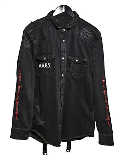 Ebossy Men's Skull/Cobra Print Hipster Hip-Hop Distressed Frayed Denim Jean Jacket (Medium, Black/Skull) #TOP1