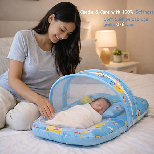 Image of Fareto Combo of Baby Bed with Net | Carry Bag | 4 Pcs Bedding Set (0-6 Months, Baby Size, Cotton) (Blue Giffi)