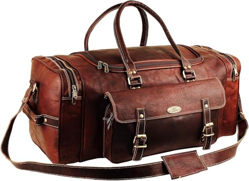 Hulsh Leather Duffle Bags for Men 24 Inch | Vintage Brown Genuine Leather Travel Bags for Mens Overnight Weekend | Best Full Grain Leather Luggage Duffel Carry On Weekender Sports Gym Bag for Women