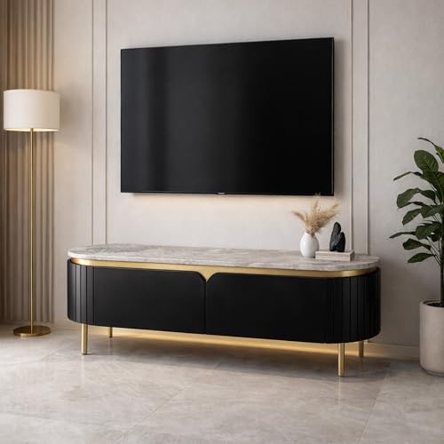 Image of The Attic Carlston TV Cabinet, Solid Wood Sideboard for Living Room, Black Matte Finish with Ceramic Marble Top