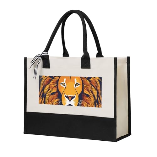 Sac fourre-tout en toile imprimé lion beige grand format pour femme