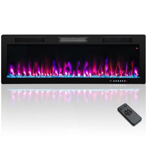 COSTWAY Electric Fireplace 50-Inch, 750W/1500W Recessed and Wall Mounted Linear Fireplace Heater with Crystal Stones, Remote Control, 8H Timer, Adjustable Flame Color, Brightness, Speed, Black