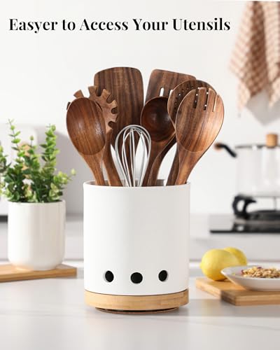 Image of LoeJan 360 Rotating Ceramic Utensil Holder for Kitchen Countertop - Cooking Utensil Crock Organizer with Non-Slip Cork Base for Farmhouse Kitchen Decor, Textured White