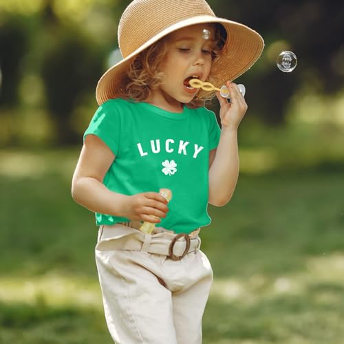 Fkatuzi Cute Lucky Girls St Patricks Day Shirt Four Leaf Clover T Shirt Green Kids Graphic Tee Cotton Short Sleeve Tops(Green, 130)4