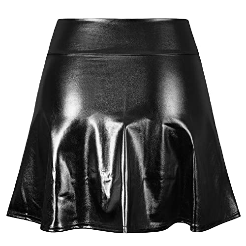Prettyguide Women's Shiny Metallic Skirt A-Line Holographic Flared Pleated Mini Skater Skirt M Black #TOP4