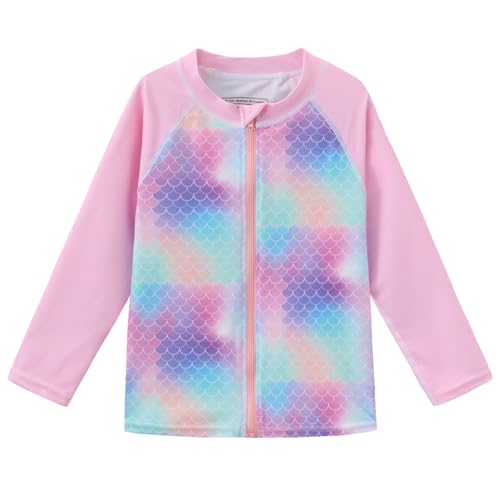 Ubestyle Baby Boys and Girls UPF 50+ Long Sleeve Zip Rash Guard Toddler Swim Shirt Top Quick Dry Sun Protection, Pink Mermaid, 12-18 Months