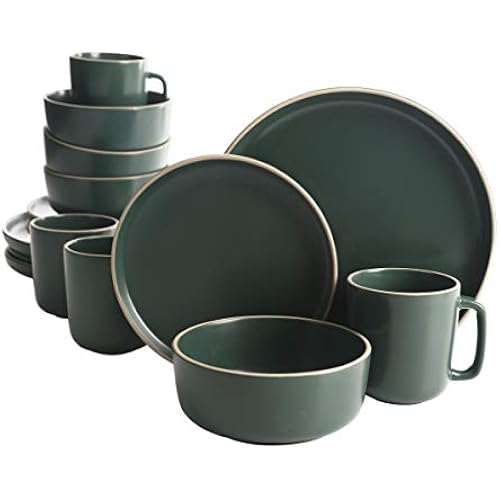 Gibson Home Zuma 16 Piece Round Kitchen Dinnerware Set, Dishes, Plates, Bowls, Mugs, Service for 4, Matte Stoneware, Green