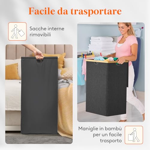 Lifewit 170 L Cesto Portabiancheria in Bambù, Grande Portabiancheria Sporca con Coperchio, Cesta Biancheria Pieghevole con Sacchi Rimovibili per Camera, Bagno, Lavanderia, Grigio Scuro - Immagine 4