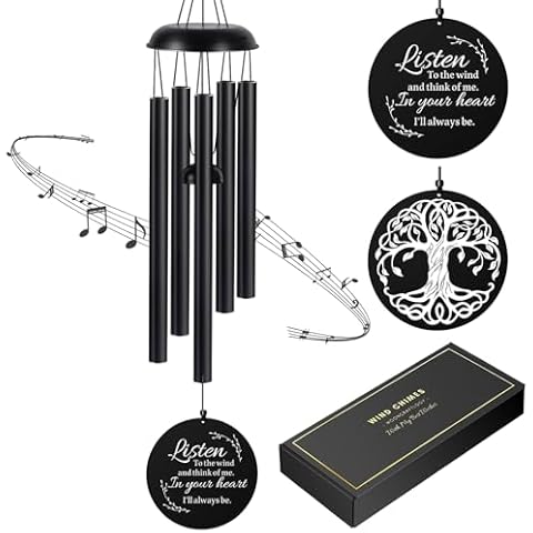Sympathy Wind Chimes for Loss of Loved One, Memorial Windchimes for Lost Father Mother, Remembrance Bereavement Gift with Card, in Memory of Dad Mom Metal Funeral Decor for Garden Outdoor (39“ Black) Cover