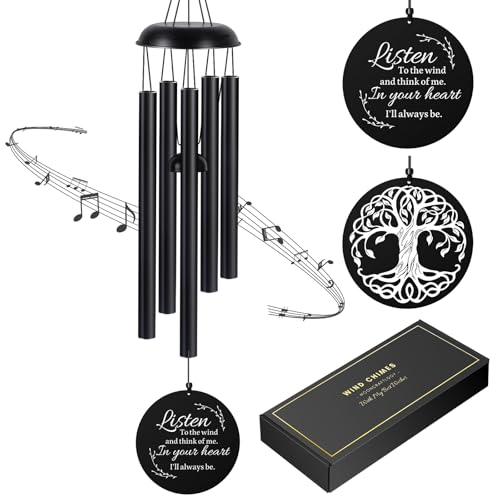Sympathy Wind Chimes for Loss of Loved One, pamiątkowe dzwonki wietrzne dla zaginionego ojca, matki, przyjaciół, prezent z kartą, w pamięci, głęboki odcień, metalowa dzwonka do ogrodu (99 cm, czarna)