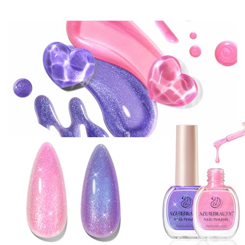 AZUREBEAUTY Nail Polish 2PC Colors Pink Purple holographic Glitter Shimmer ChromeLong Lasting Quick Dry, Natural Lustrous Enamel for DIY Manicure Salon at Home Women Gifts 0.34oz