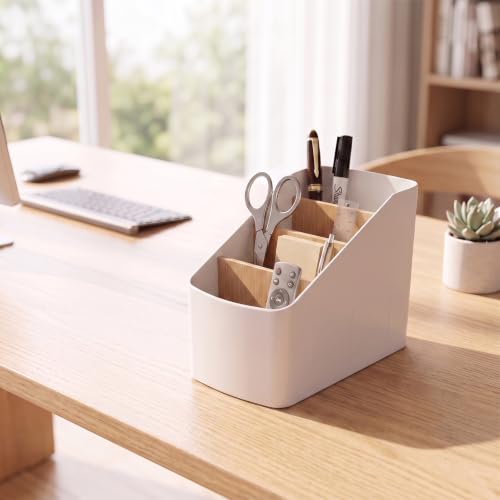 Ulawellor Organiseur de Bureau 4 Compartiments Plastique Bambou Blanc – vue 7