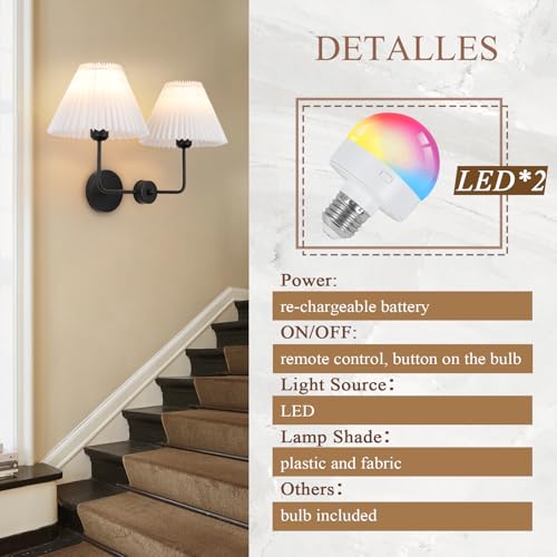 Image of Double Light Battery Operated Wireless Wall Sconces with White Pleated Fabric lampshade, 2-Light Antique Brass Sconce for Bathroom Vanity Hallway Stairway Living Room (Gold & Black)