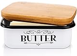 Yesland Butter Dish With Wooden Lid - Unbreakable Enamel Container - Large Vintage Farmhouse Style Keeper for 2 East or 1 West Coast Sticks (White and Brown)