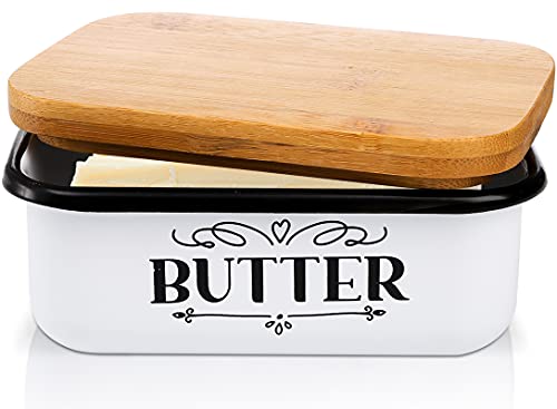Yesland Butter Dish With Wooden Lid - Unbreakable Enamel Container - Large Vintage Farmhouse Style Keeper for 2 East or 1 West Coast Sticks (White and Brown) by Yesland - Used condition - US$12.11