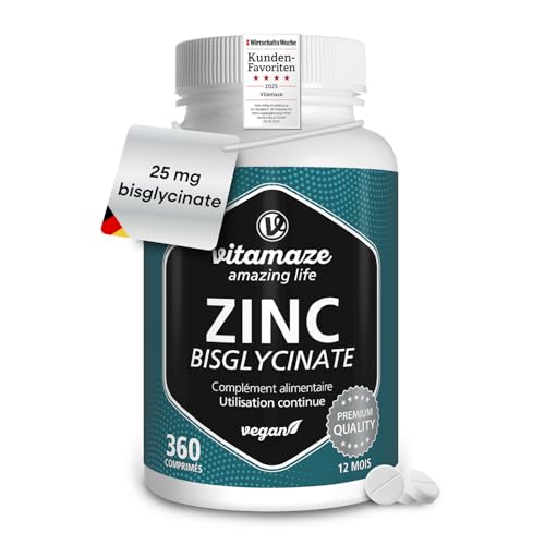 Zinc Bisglycinate 25 mg - Acné, Peau et Système immunitaire - 360 Comprimés pour 1 An - Vegan et Hautement Biodisponible - Complément Alimentaire Vegan Sans Additifs - fabriqué en Allemagne