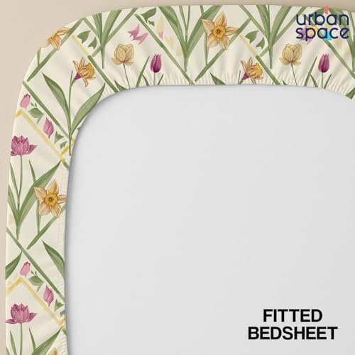 Image of Urban Space Divine 100% Cotton King Fitted Size Bedsheet, 144 TC Super Soft Elastic bedsheets for King Size Bed, Floral Design King bedsheet with 2 Pillow Covers (72 inch x 78 inch, Spring Sage Green)
