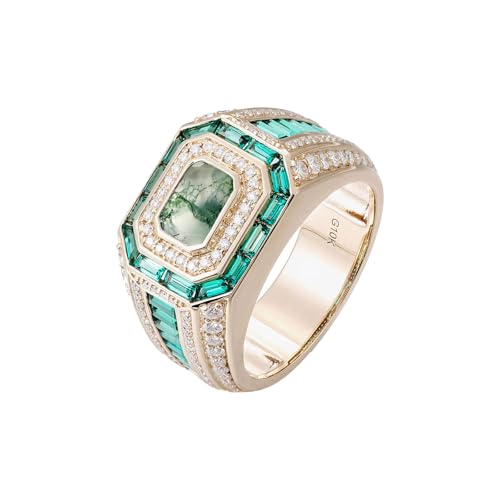 FYBIOD 10K 14K 18K Gold Men's Emerald Cut Moss Agate Engagement Ring with Moissanites Luxury Design Moss Agate Wedding Anniversary Ring for Men Husband Size 4-16