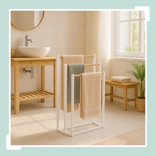 Toallero de pie sin taladro para organizar toallas de baño en metal y bambú 3