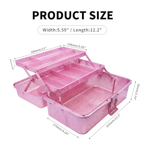 Image of 12.2inch 3-Layer Art & Craft Storage Organizer, Portable Plastic Tackle Box, Multipurpose Case for Sewing Supplies, Medicine, Makeup, Hair Accessories & Painting Tools, Pink