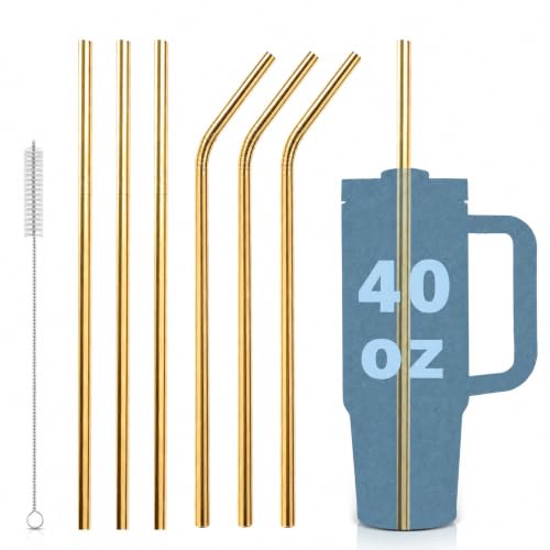 Stainless Steel Replacement Straws for Stanley Adventure Travel Tumbler (3x Straight & 3x Bent, Gold for 40oz)