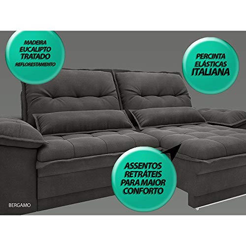 Sofá Bergamo Retrátil e Reclinável Velosuede Cinza 2,90m