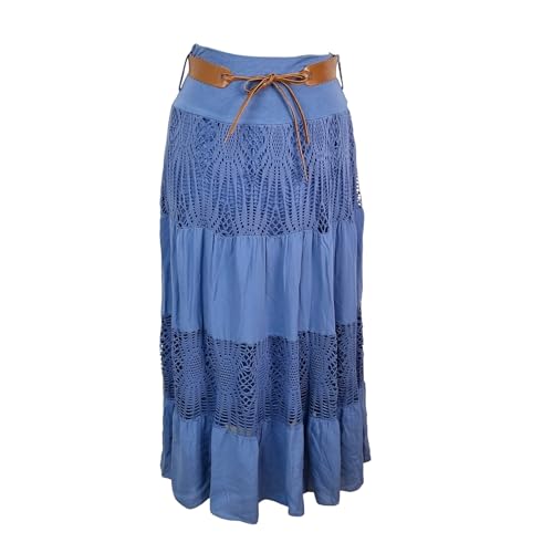 Kiran Fashion New Italian Boho Long Maxi Summer Belted Skirt Lace Gypsy Beach Holiday (UK, Alpha, One Size, Regular, Regular, Jeans Blue)