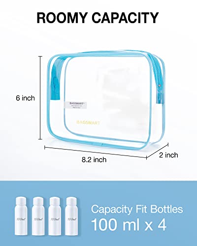 Image of BAGSMART Clear Toiletry Bag, 2 Pack TSA Approved Travel Toiletry bag Carry on Travel Accessories Bag Airport Airline Quart Size Bags Water Repellent Makeup Cosmetic Bag for Women (Blue-2Pcs)