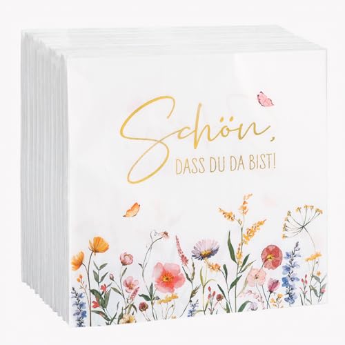 COMOOKA Servietten Hochzeit - 40 Stück Servietten Schön dass du da bist - 2-lagige Papierservietten mit Blumen Motiv - Tischdeko für Hochzeit Geburtstag Frühling Ostern uvm.